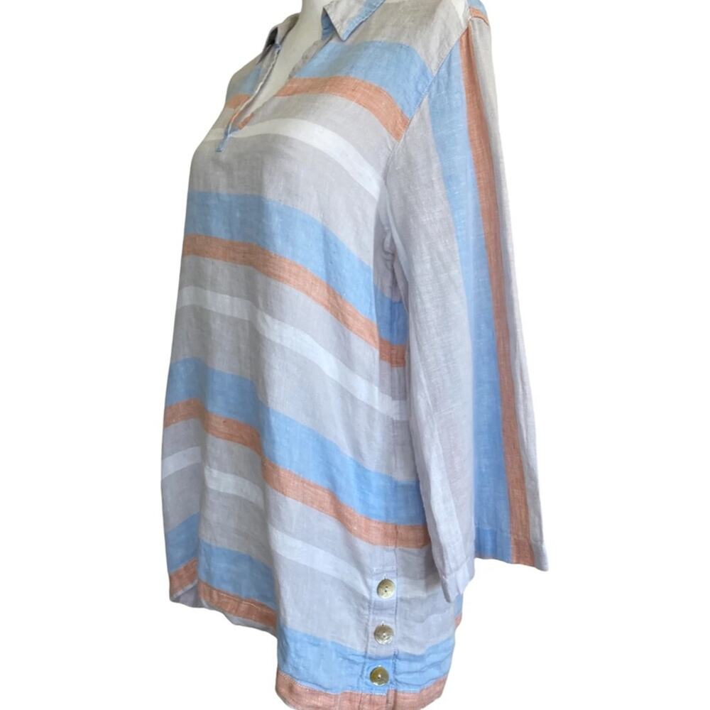 Cynthia Rowley 100% Linen Shirt 3/4 Sleeve Collared V-Neck Top Size Medium - Picture 2 of 7